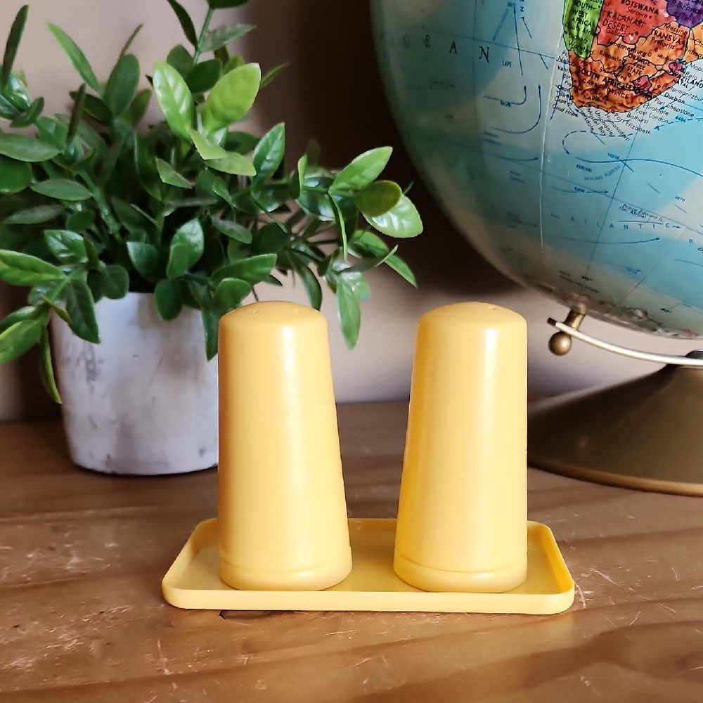 Vintage Melamine Mustard Yellow Salt and Pepper Shakers with Tray